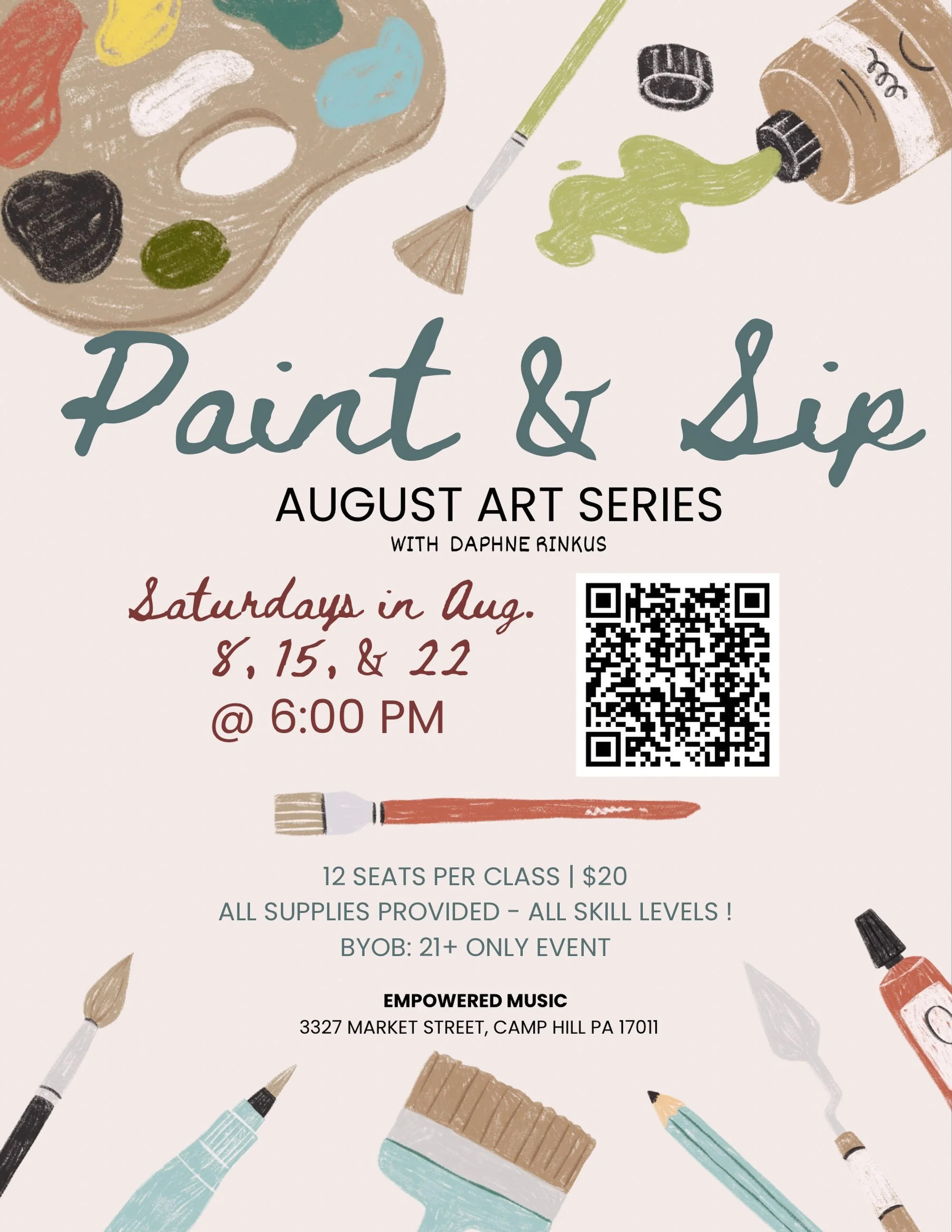 Grab a friend, bring a beverage, and paint with us! We will be on the lawn when weather permits 🌞

All art supplies will be provided, just bring a willing spirit 🖼️ You will have Daphne as a guide, step by step, to create a beautiful piece of art y