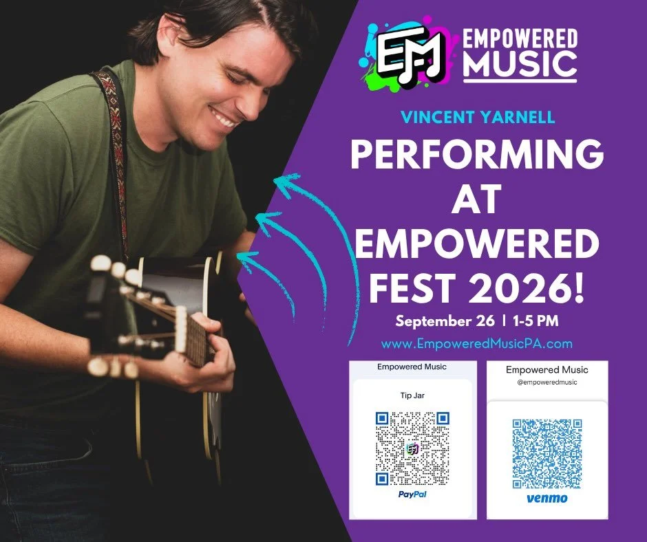 Welcome back @vincent_yarnell to Empowered Fest 🤩 Vince is an award-winning songwriter and performer, winning Best Folk Artist at the Central PA music awards in 2022. He doesn&rsquo;t need any awards, though, just catch one of his shows and his trem