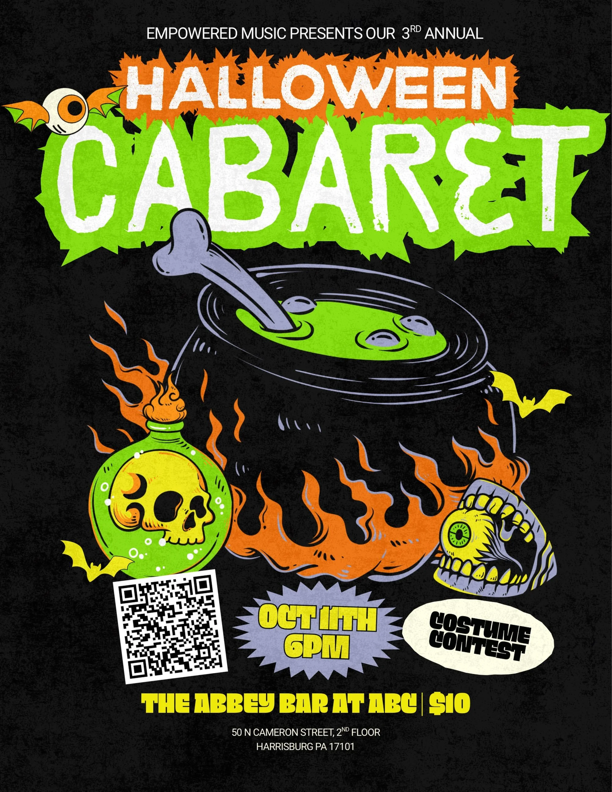 Halloween Cabaret: Edition 3 
&bull;
&bull;
&bull;
Join us for a spooky good show and costume contest! Featuring performances by Empowered Music students and Instructors. Doors at 5:30, show 6-8pm.

10/11 - Halloween Show Located at Abbey Bar: 50 N C