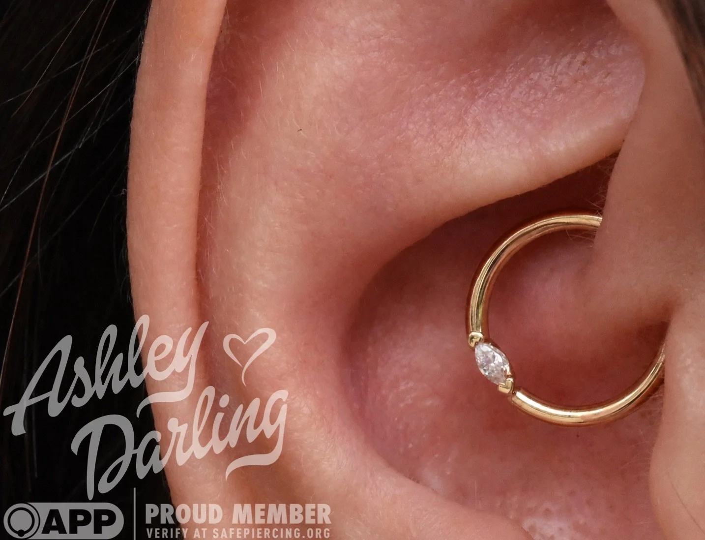 Close-up of a person's ear showing a gold hoop earring with a small diamond. The image includes the text 'Ashley ♥ Darling' and logos indicating membership with a safety piercing verification organization.