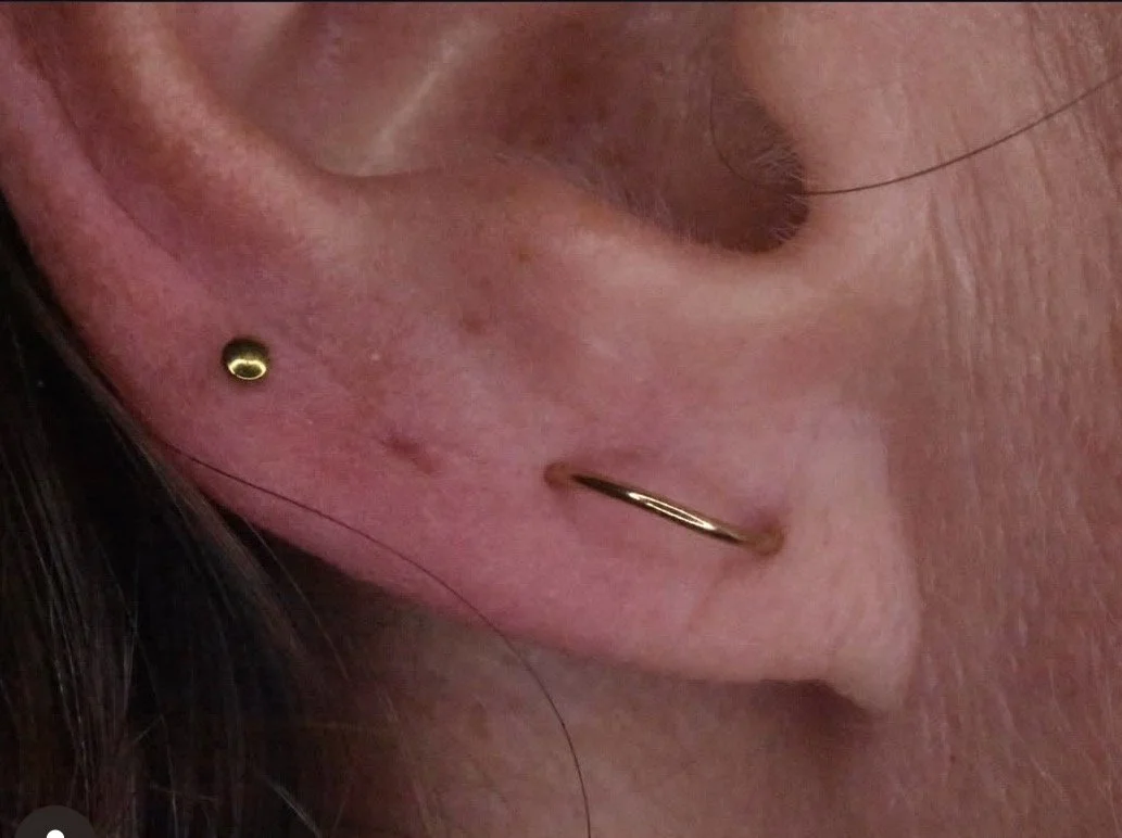 Close-up of a person's ear with multiple piercings, including a small gold stud and a thin gold hoop earring.