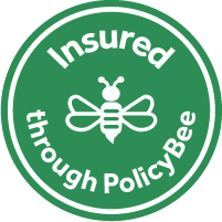 Green circular sticker with a bee icon in the center, and the words 'Insured through PolicyBee' surrounding it.