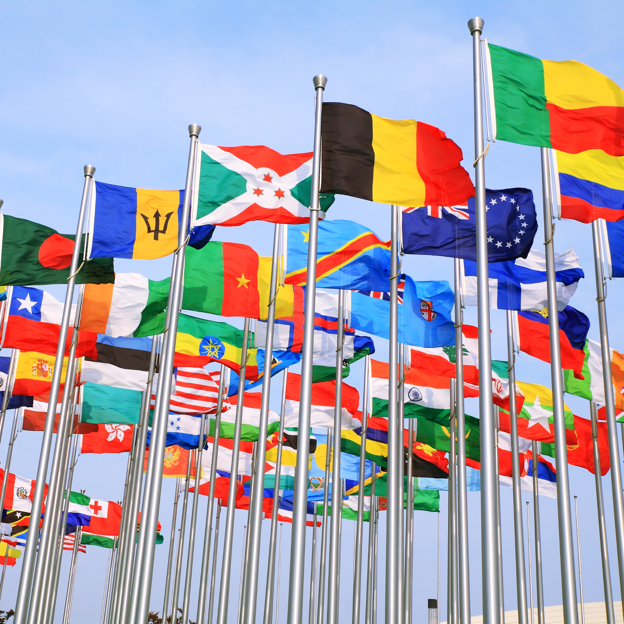 Multiple international flags on flagpoles flying against a bright blue sky.