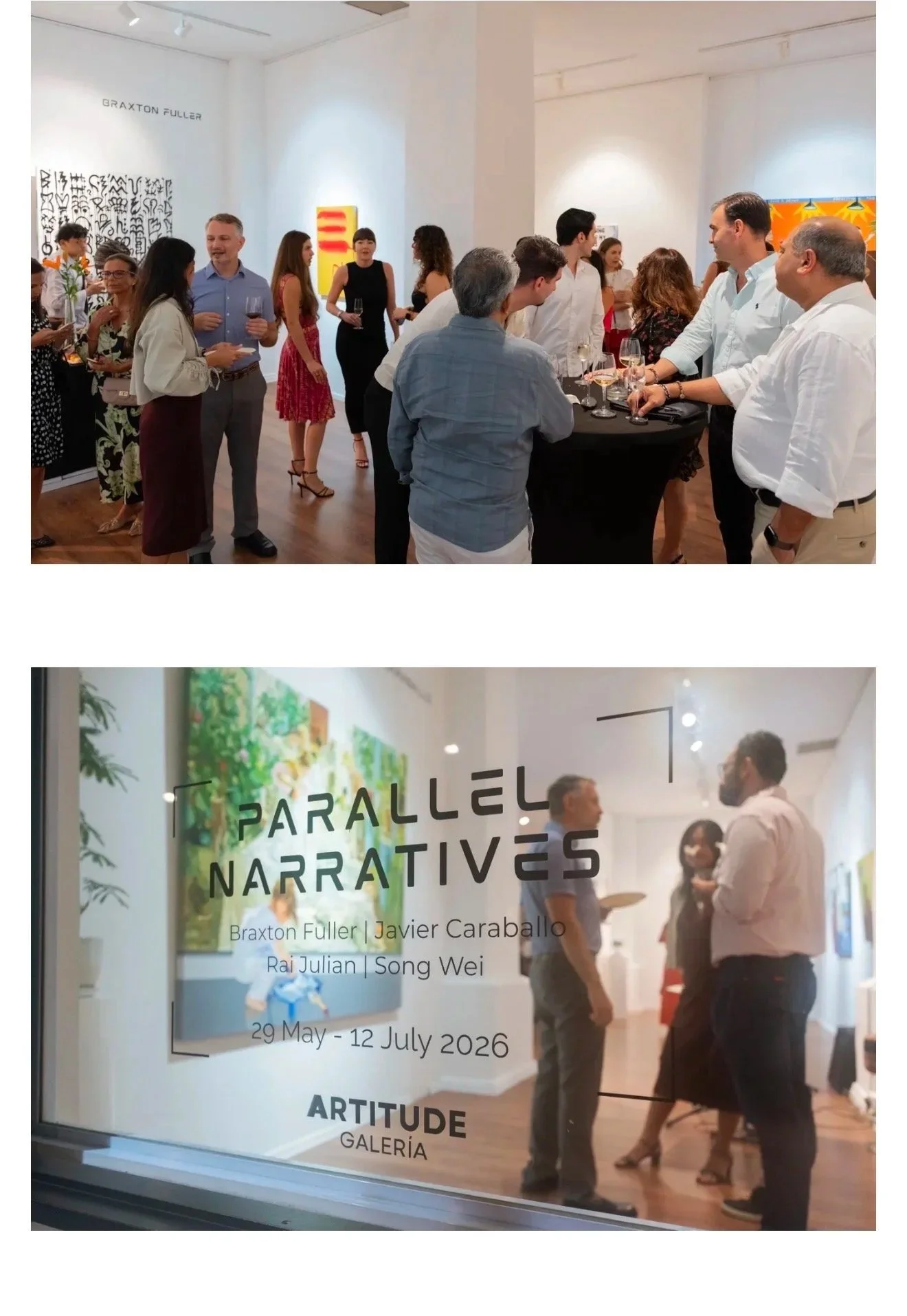 People mingling and conversing at an art gallery event, with artwork displayed on the walls. The event is titled 'Parallel Narratives' by artists Braxton Fuller, Javier Caraballo, Raj Julian, and Song Wei, held from May 29 to July 12, 2026.