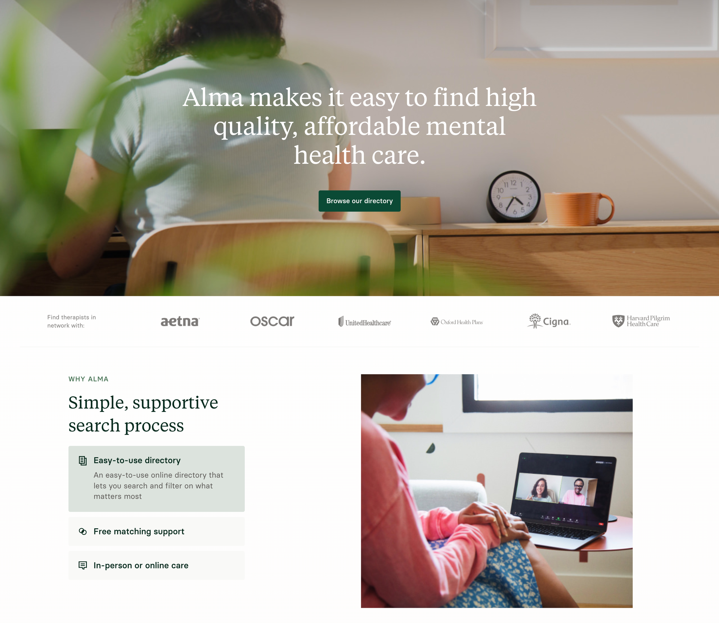 A screenshot of the homepage of Alma's website