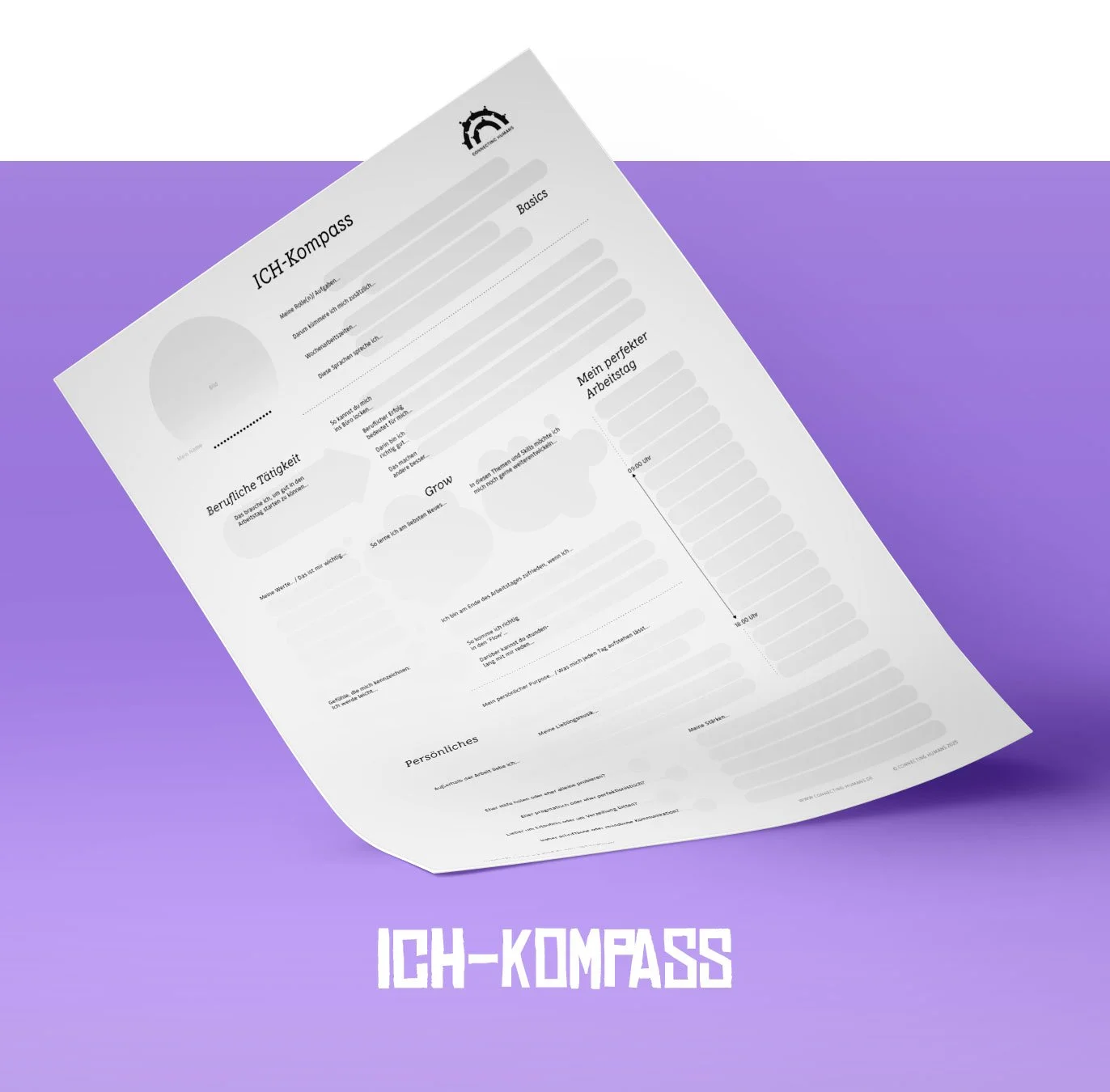A representation of a sheet of paper on a purple background with the ICH compass by Connecting Humans