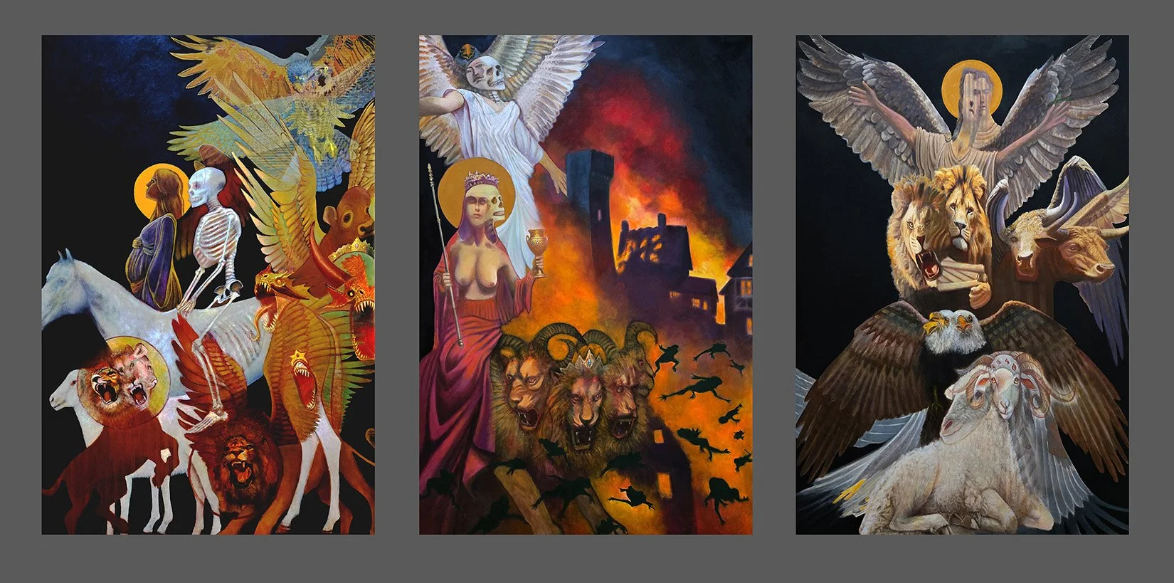 REVELATION, triptych, each panel 60" x 40", oil and mixed media on canvas, 2026