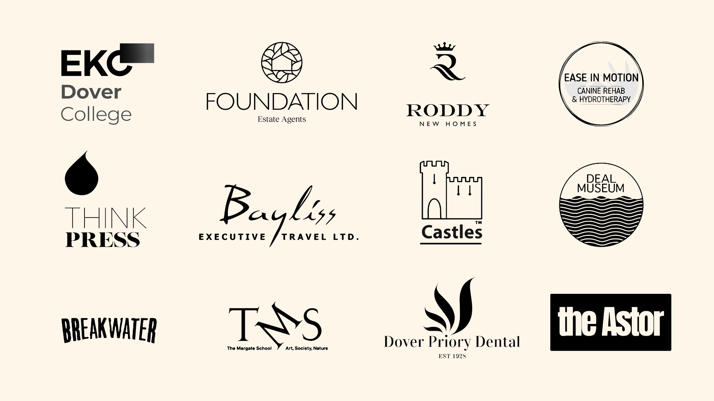 A collection of black and white logos for various organizations and businesses on a light beige background, including Dover College, Foundation Estate Agents, Roddy New Homes, Ease in Motion Canine Rehab & Hydrotherapy, Think Press, Bayliss Executive Travel Ltd., Castles, Deal Museum, Breakwater, TMS The Margate School, Dover Priory Dental, and The Astor.