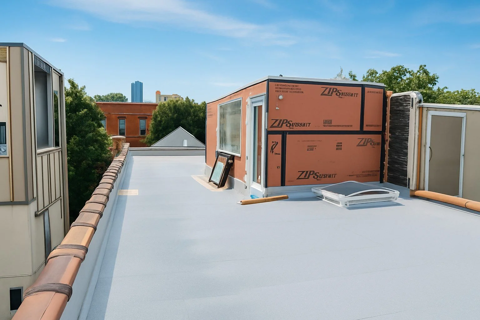 Bulkhead under construction on a roof.