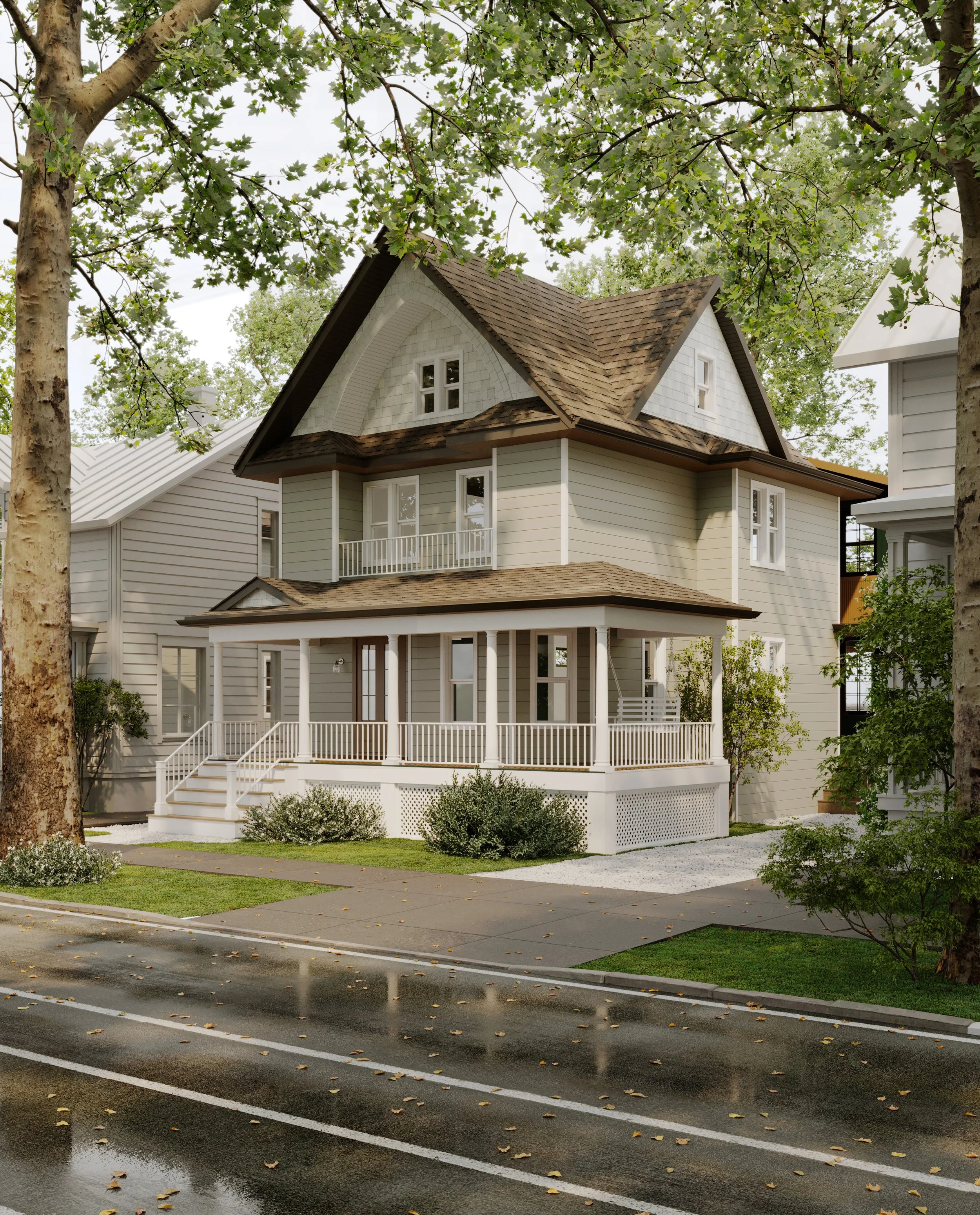 Front view of a two-story house with a porch and a balcony, surrounded by trees and neighboring houses, major renovation, extension, reframing. The property required structural engineering services to bring this vision to life.