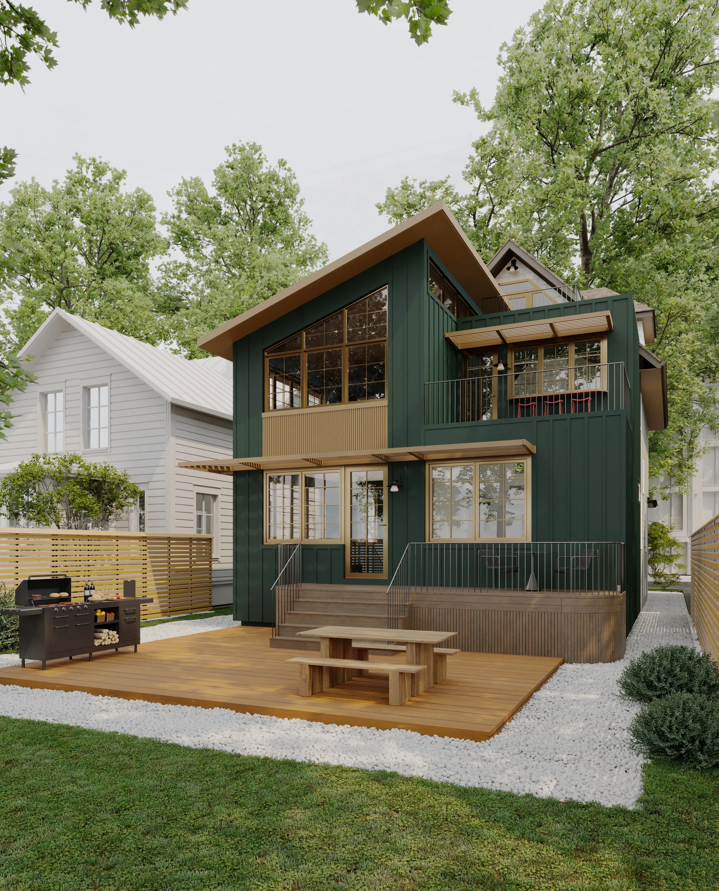 A modern multi-story house with large windows, a wooden deck, outdoor seating, and surrounding greenery.