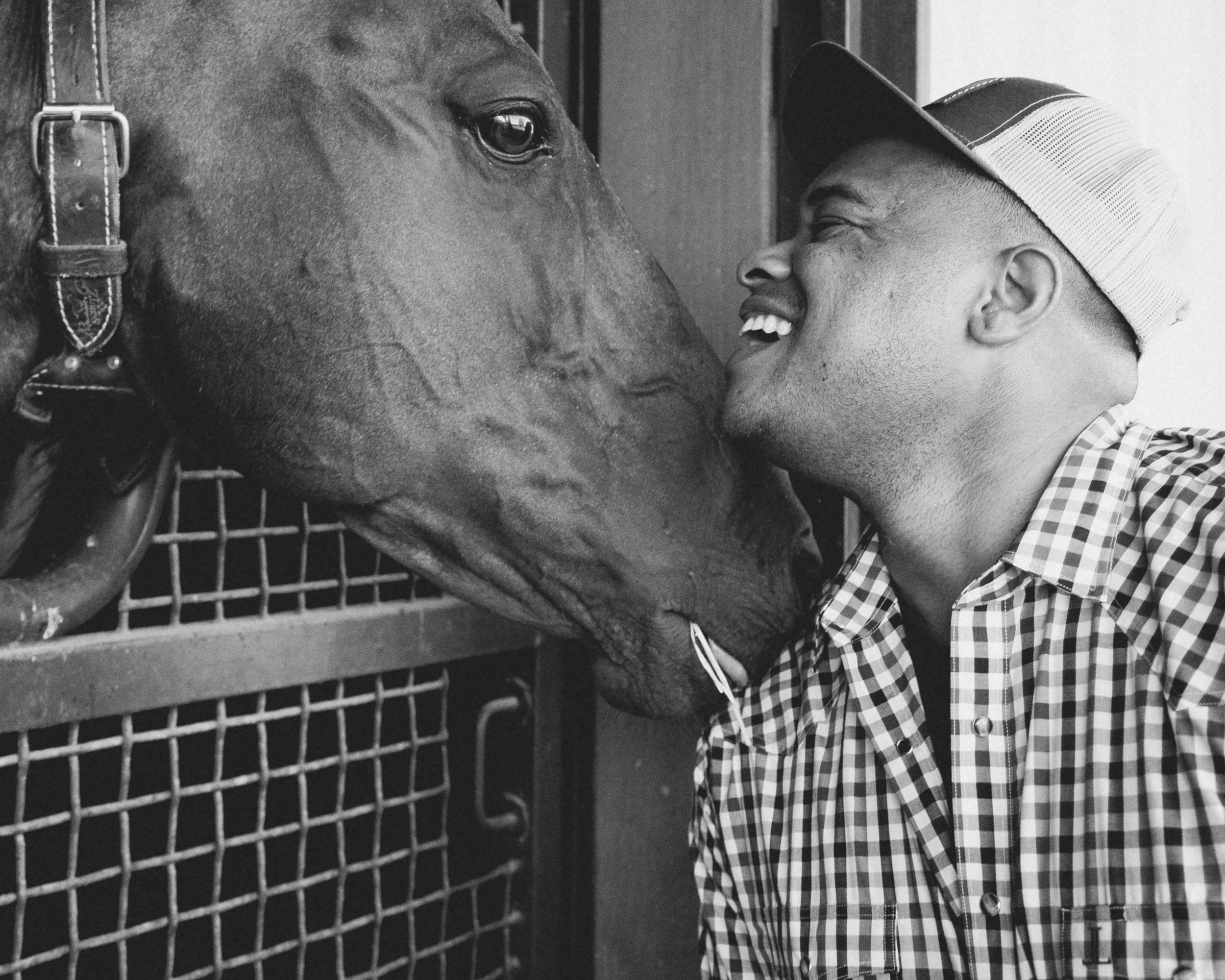 A man in a checkered shirt and baseball cap smiling and leaning in to touch noses with a horse inside a stable.
