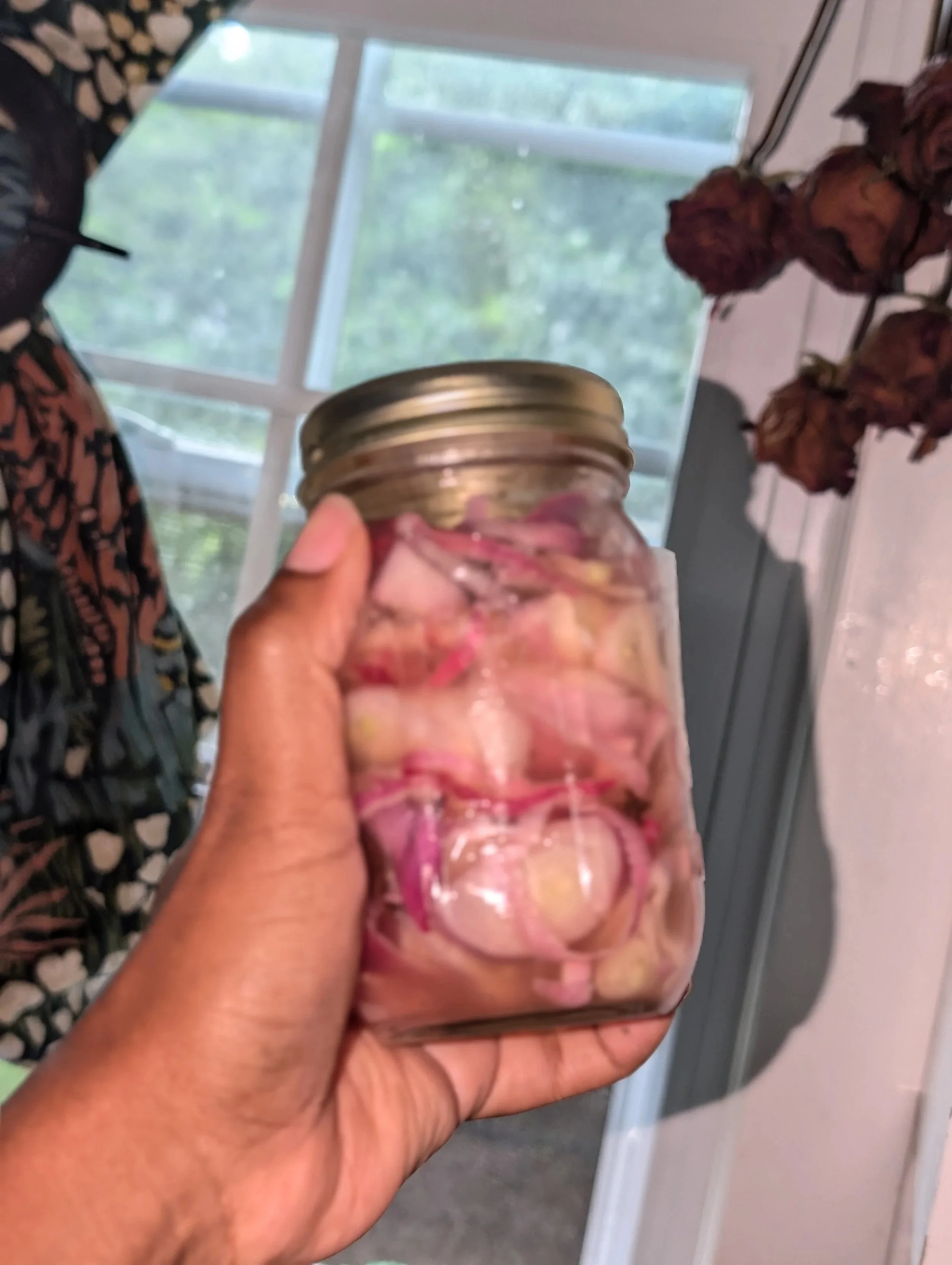 A hand holding a glass jar with a gold-colored lid, containing pink and white preserved onions, with a window in the background showing trees outside.