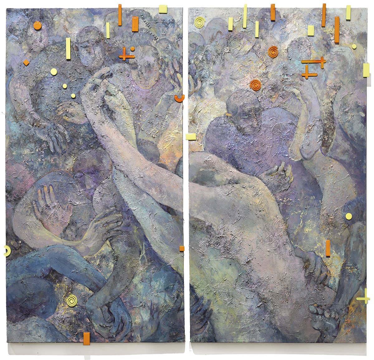 Title: Dancing in The Feeling |
Date (Year): 2019 |
Dimensions: 48’’x42’’ |
Medium: Yarn, sands, pearl pigment, resin, cold wax, laser-cutting acrylic and oil on canvas