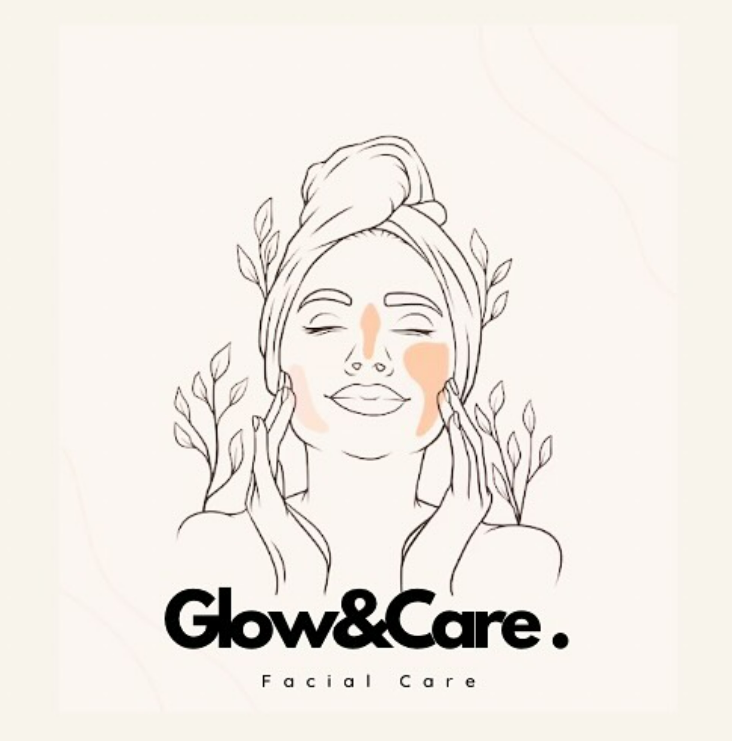 Illustration minimaliste d'une femme appliquant des produits de soin du visage, avec le texte "Glow&Care. Facial Care" en dessous.