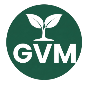 Green circular logo with a white sprout inside and the letters 'GVM' below the sprout.