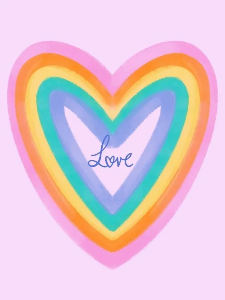 A pastel pink background with a rainbow-colored heart and the word "Love" written inside.