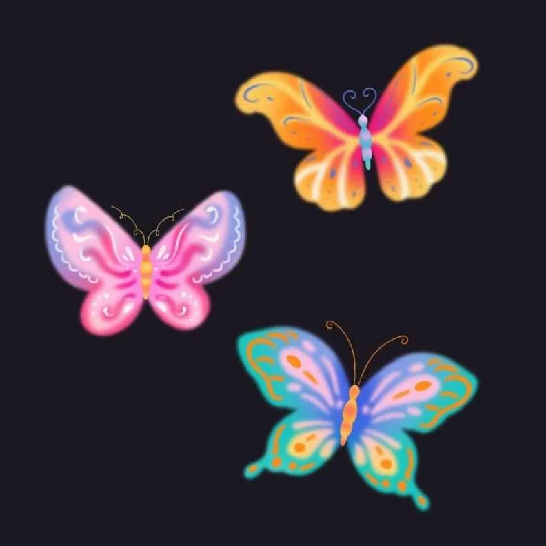 Three colorful, glowing butterflies against a dark background.