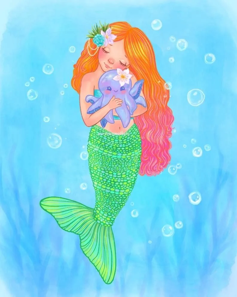 A mermaid with long orange and pink hair, wearing a green tail and a blue top, holding a purple octopus with flowers in its head, underwater with bubbles floating around.