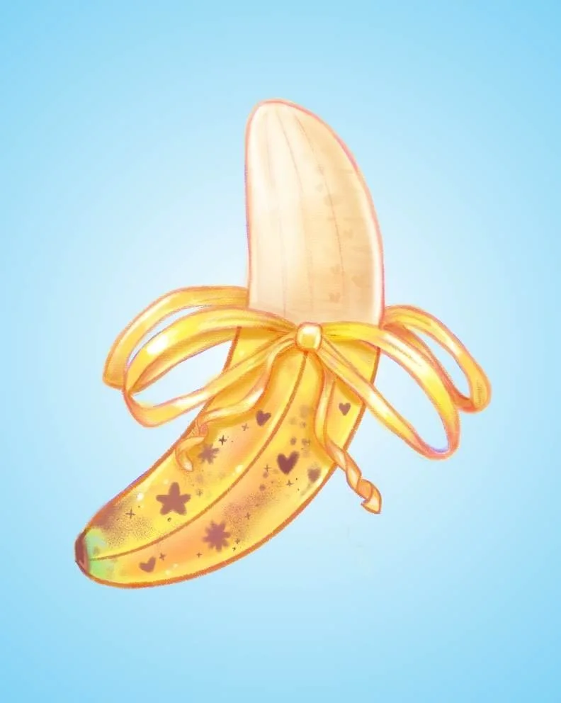 A peeled banana with the peel forming a bow, set against a light blue background.