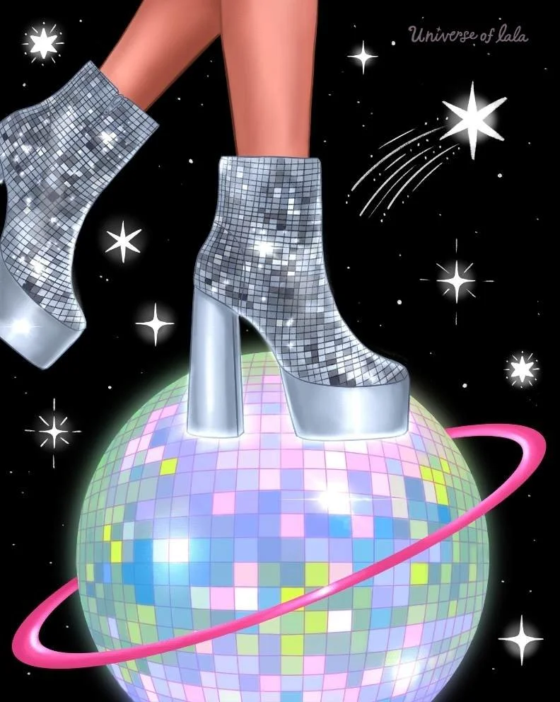 A disco ball in space with a pair of silver, shiny, high-heeled ankle boots standing on top. The background features stars and a pink orbit ring around the disco ball. The image has a cosmic and glamorous theme.