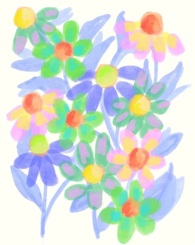 Watercolor painting of colorful flowers with green leaves and soft pastel shades.