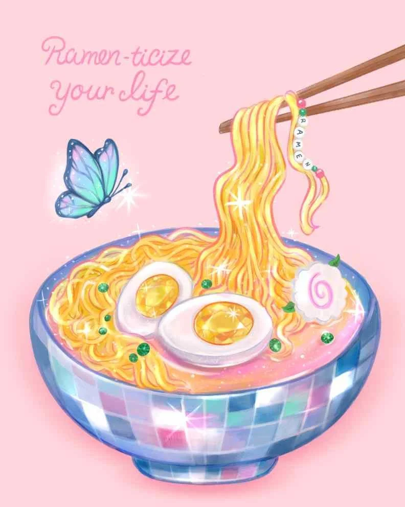 A bowl of ramen with two eggs, garnished with green peas, and a pearl necklace spelling 'RAMEN'. A butterfly hovers nearby against a pink background with the text 'Ramen-ticize your life' in pink cursive.