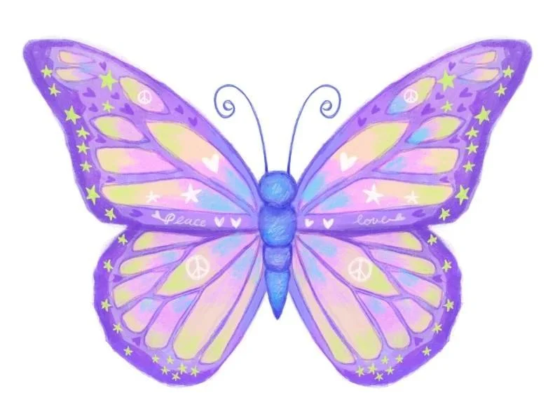 Colorful illustrated butterfly with purple and yellow wings, decorated with peace signs, hearts, and stars, and the words "peace" and "love" written on its wings.