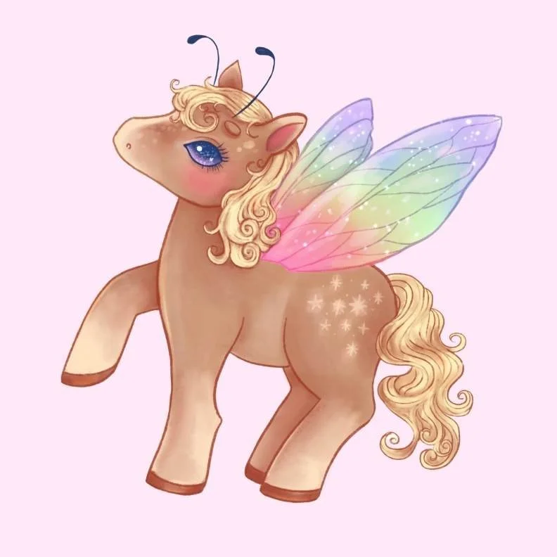 A cute, cartoon-style light brown horse/ pony with pastel-colored, rainbow wings, curly blonde mane, and a golden tail, set against a light pink background.