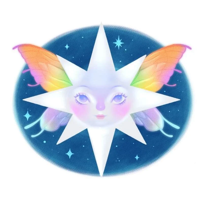 A mystical star with a human face, rainbow-colored fairy wings, set against a starry blue background.