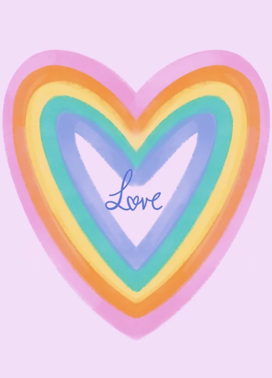 Rainbow heart with text that reads "love" on a pink background