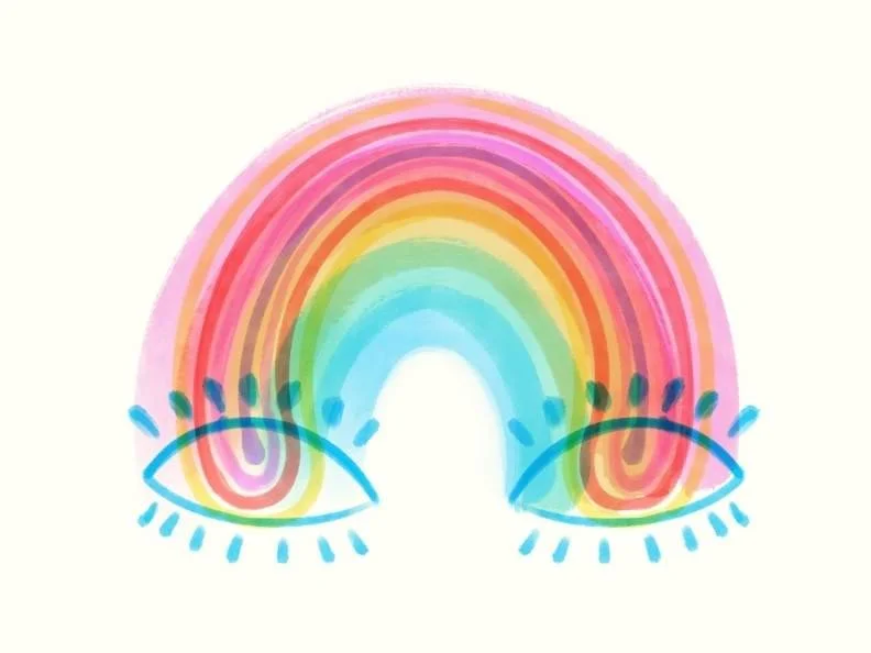 A colorful rainbow with two stylized eyes beneath it, featuring long eyelashes and blue accents.