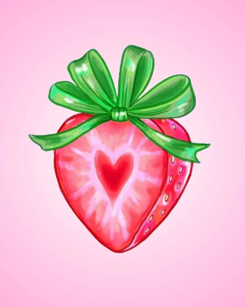 Illustration of a strawberry with a heart shape inside, topped with a green bow, against a pink background.