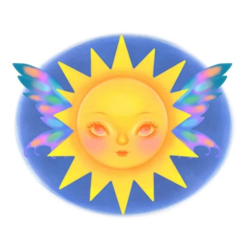 A stylized sun with a human-like face, featuring pink cheeks and closed lips, with rainbow-colored angel wings on each side, set against a blue background.