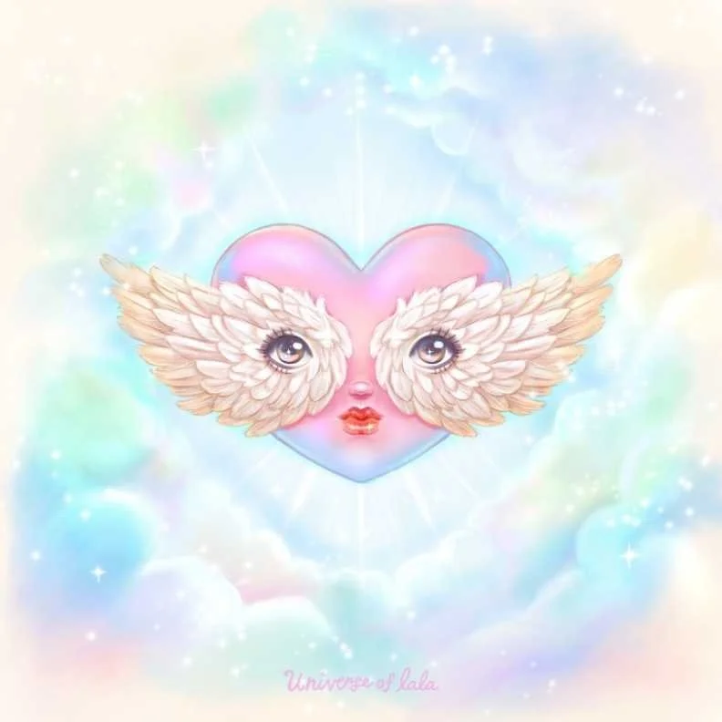 A pastel-colored heart with human eyes and a pair of feathered wings, floating in a dreamy, cloudy sky with sparkles and light effects. Text reads 'Universe of Lala' at the bottom.