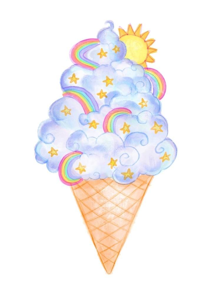 Ice cream cone topped with fluffy, cloud-like ice cream featuring rainbows, stars, and a sun.
