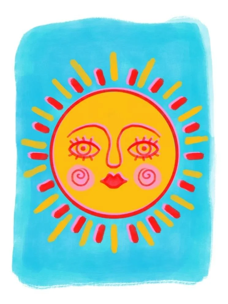 Bright, colorful illustration of a smiling sun with a face, rosy cheeks, pink lips, and surrounding yellow and red sun rays on a blue background.