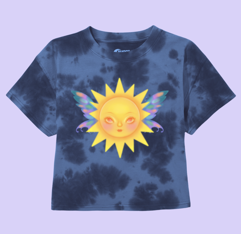 dark blue tie dye t-shirt of a sun with fairy wings