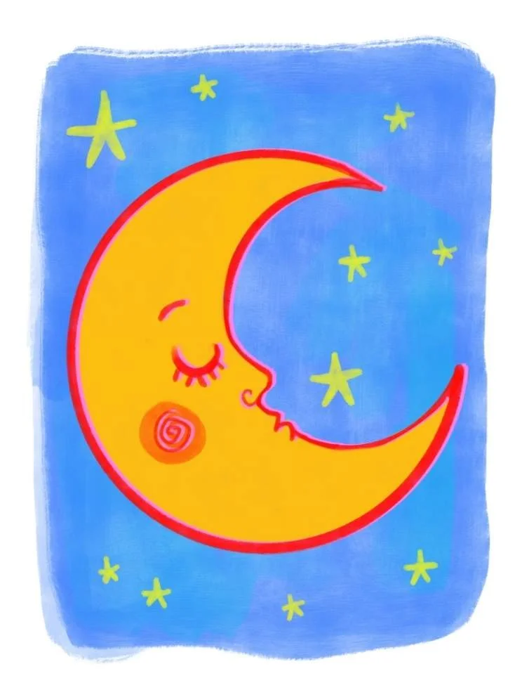 A cartoon depiction of a smiling crescent moon with closed eyes, rosy cheeks, and surrounded by yellow stars on a blue background.
