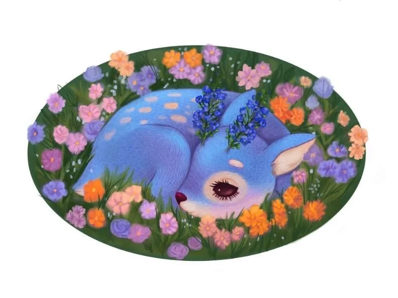 A digital painting of a blue fawn with delphinum flower antlers lying in a bed of colorful flowers with a purple, blue, and pink color palette.