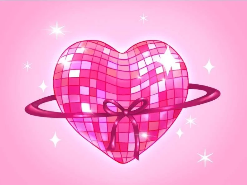A pink heart made of mosaic tiles with a shiny appearance, surrounded by a ring and sparkles on a pink background.