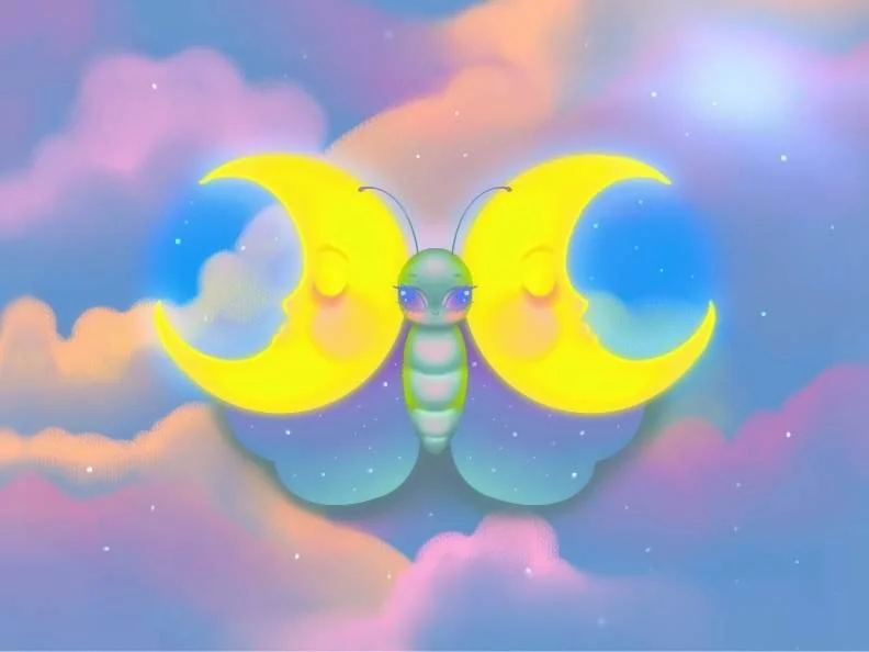 A colorful digital illustration of a winged moth/ butterfly with moon and star motifs, set against a cloud-filled sky with pastel colored clouds.