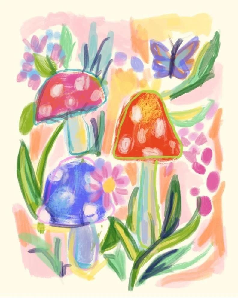 Colorful drawing of three mushrooms, a butterfly, and various flowers and leaves, set against a soft pastel background.