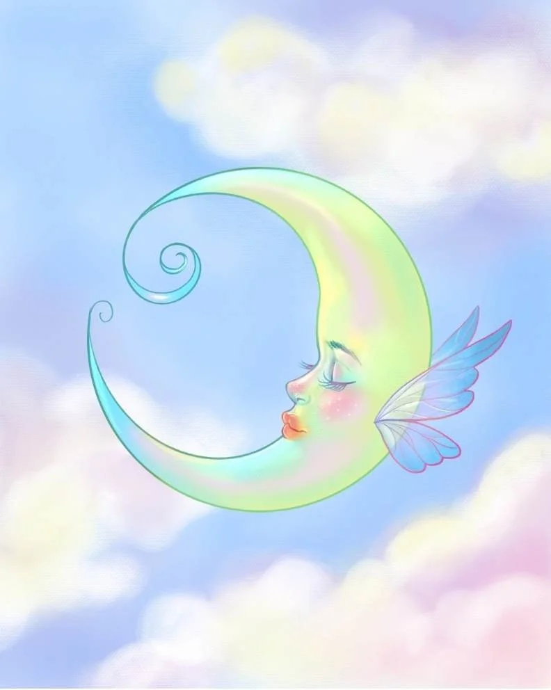A whimsical illustration of a crescent moon with a fairy face, closed eyes with long lashes, pink cheeks, and pastel-colored translucent wings, floating in a sky filled with soft, pastel-colored clouds.