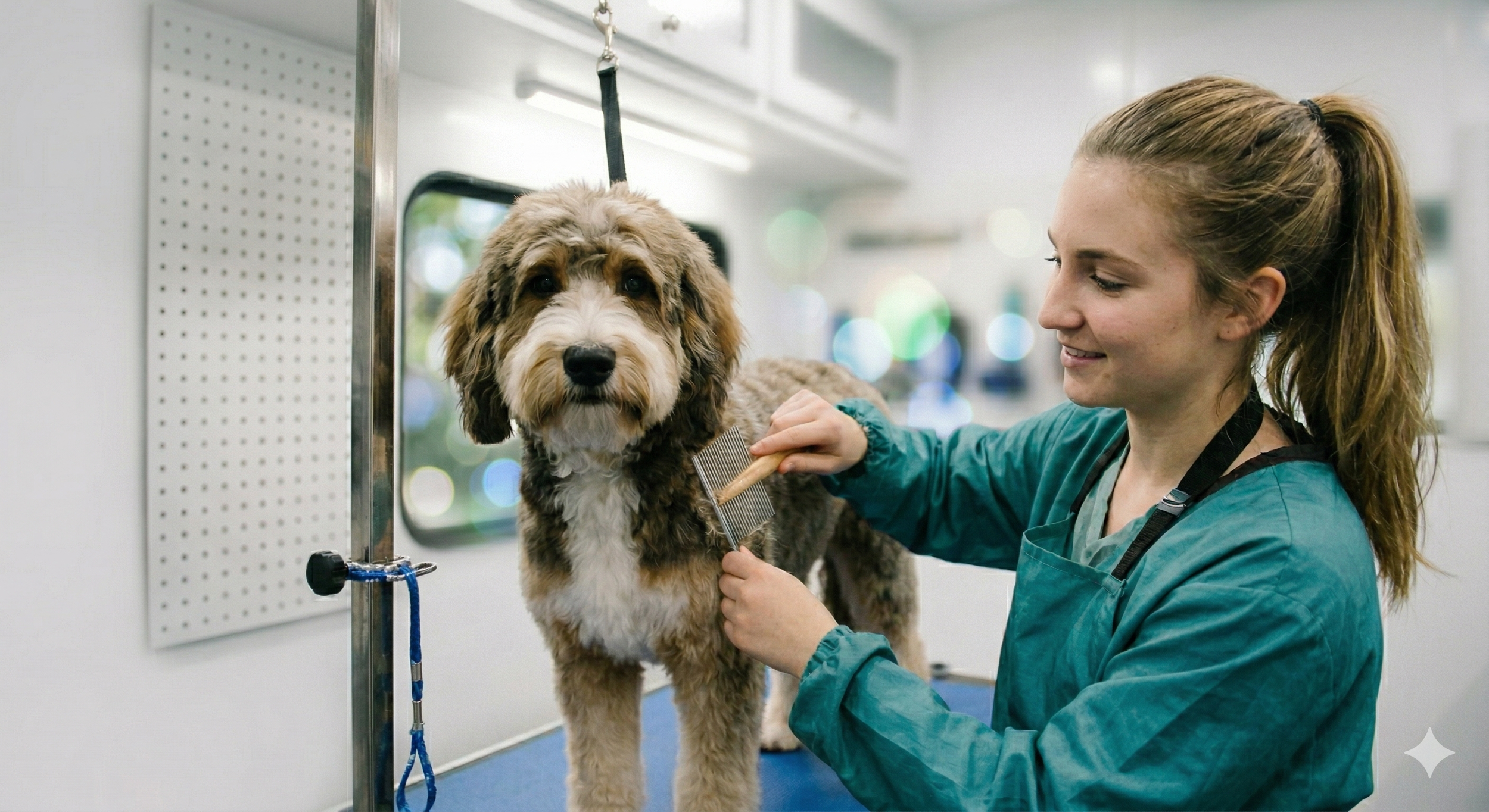 A veterinarian grooming a large, fluffy dog on a grooming table inside a veterinary clinic or grooming salon.