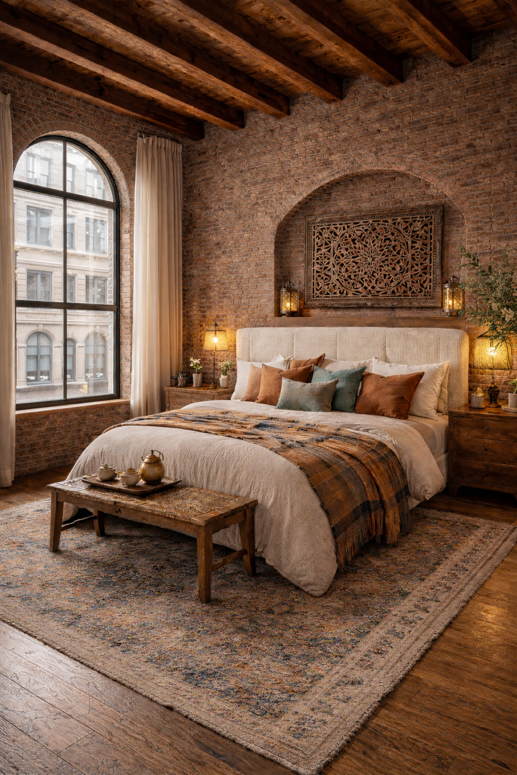 Cozy bedroom with exposed brick walls, wooden ceiling beams, large arched window with curtains, and warm lighting. The bed has a beige headboard, multiple pillows, and a striped blanket. There is a wooden bench at the foot of the bed with a tea set, and two nightstands with lamps and plants. An ornate wooden wall art piece is above the bed.