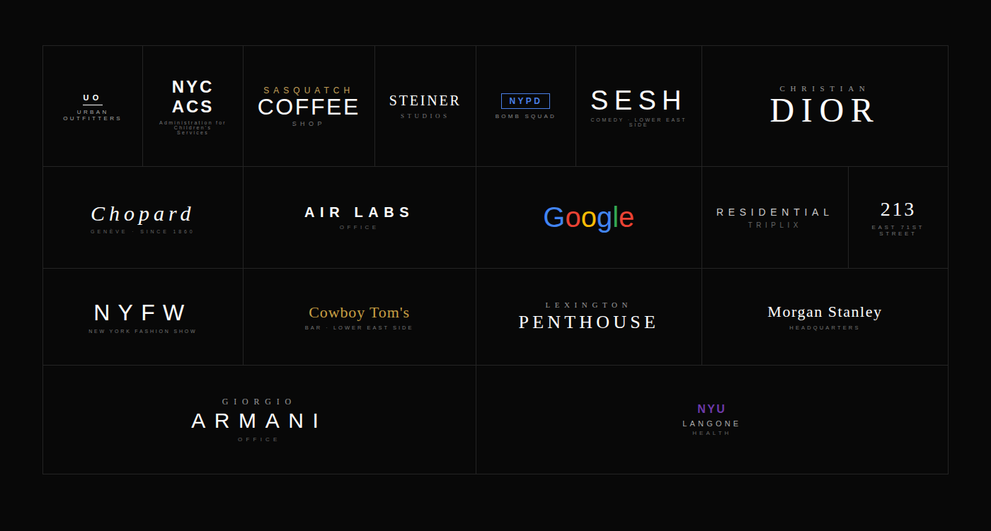 A compilation of various company and brand logos arranged in a grid on a black background.