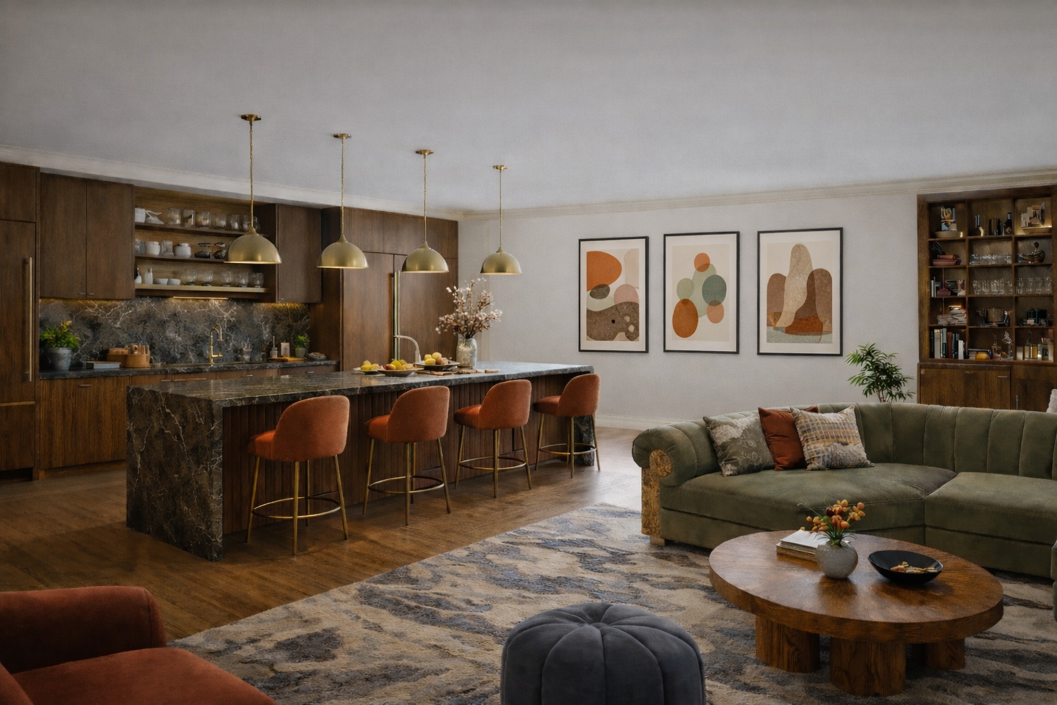 Modern dining room with large table, black chairs, abstract red wall art, hanging black and white chandelier, and wooden staircase with glass railing.