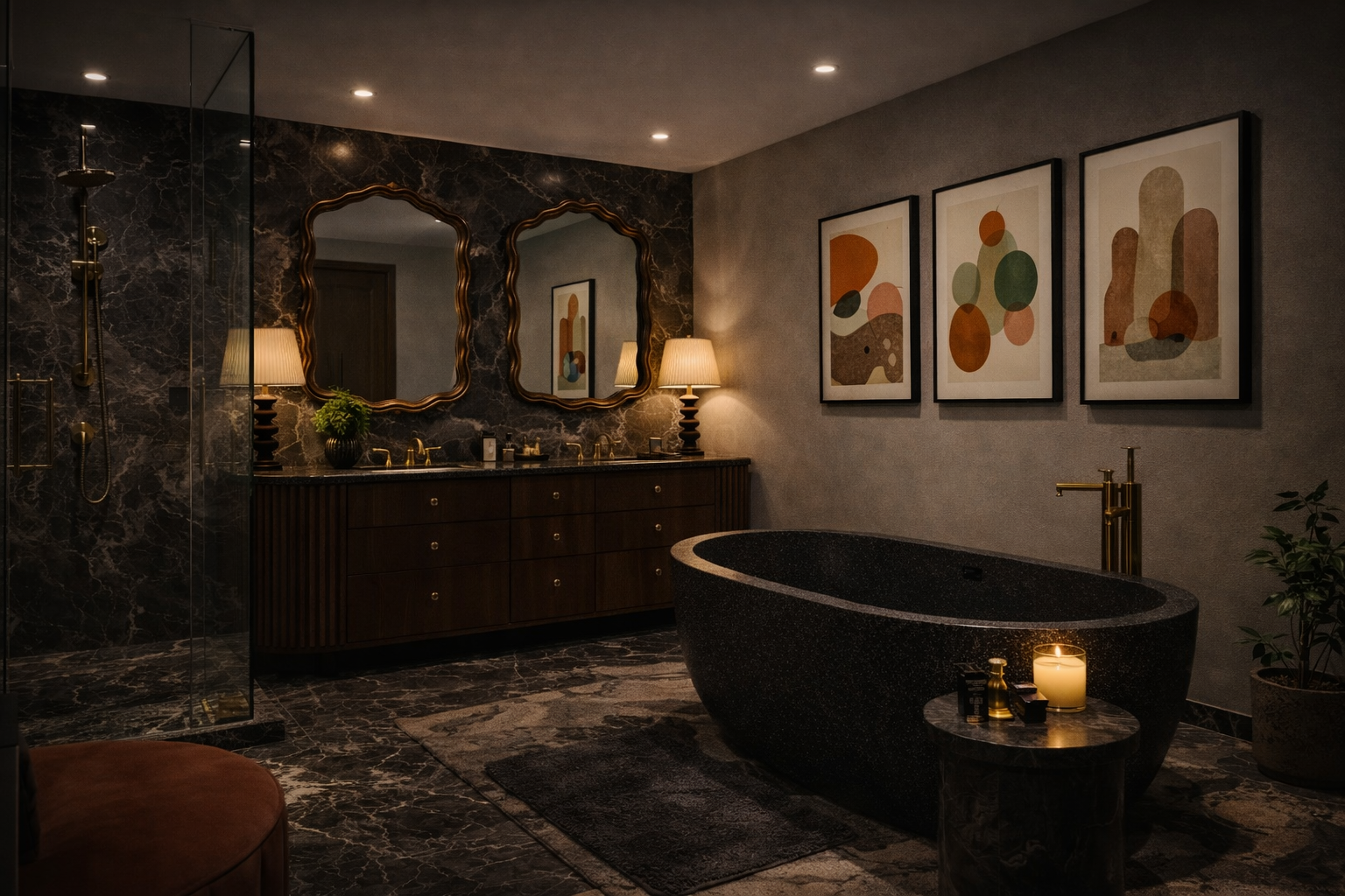 Interior of a modern lounge with large windows, a fireplace, a black sofa, yellow cushions, a coffee table with books, a potted plant, a decorative tree, and pendant lights.