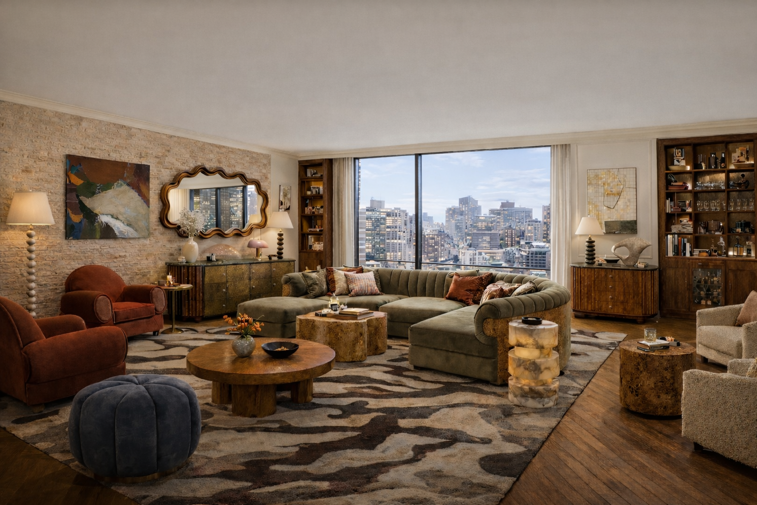 Luxurious living room with large windows, colorful couches, modern decor, and city skyline view.